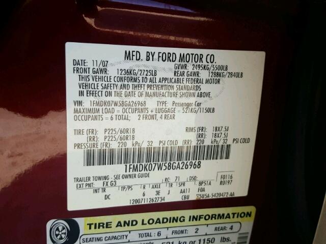 1FMDK07W58GA26968 - 2008 FORD TAURUS X MAROON photo 10