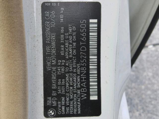 WBAHN83527DT66505 - 2007 BMW 750 WHITE photo 10