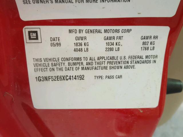 1G3NF52E6XC414192 - 1999 OLDSMOBILE ALERO GLS 红色 照片 10