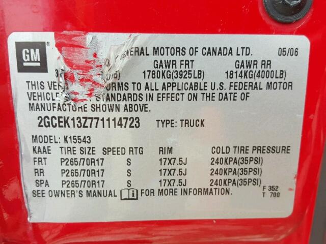 2GCEK13Z771114723 - 2007 CHEVROLET SILVERADO RED photo 10