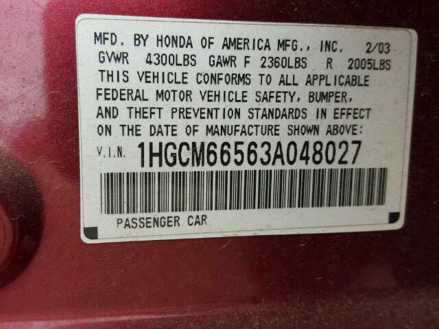 1HGCM66563A048027 - 2003 HONDA ACCORD EX MAROON photo 10