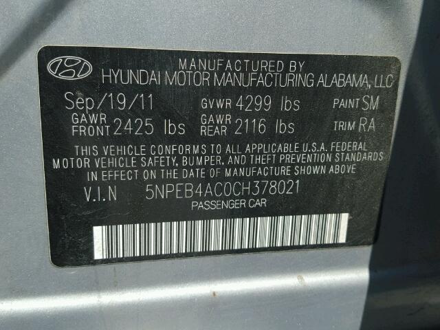 5NPEB4AC0CH378021 - 2012 HYUNDAI SONATA GLS SILVER photo 10