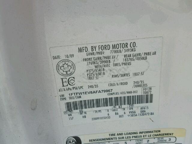 1FTFW1EV8AFA79967 - 2010 FORD F150 WHITE photo 10