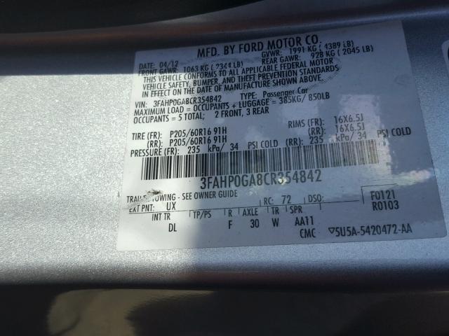 3FAHP0GA8CR354842 - 2012 FORD FUSION S SILVER photo 10