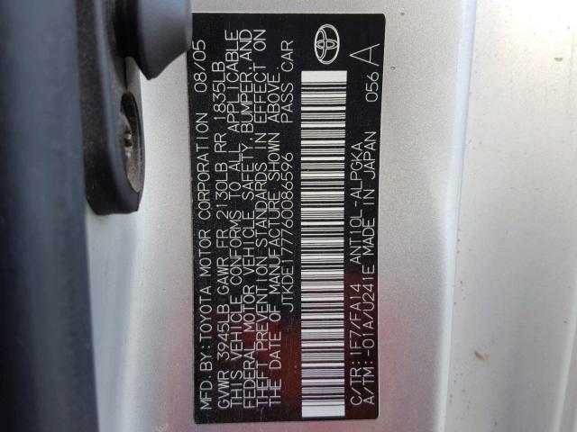 JTKDE177760086596 - 2006 TOYOTA SCION TC 银色 照片 10