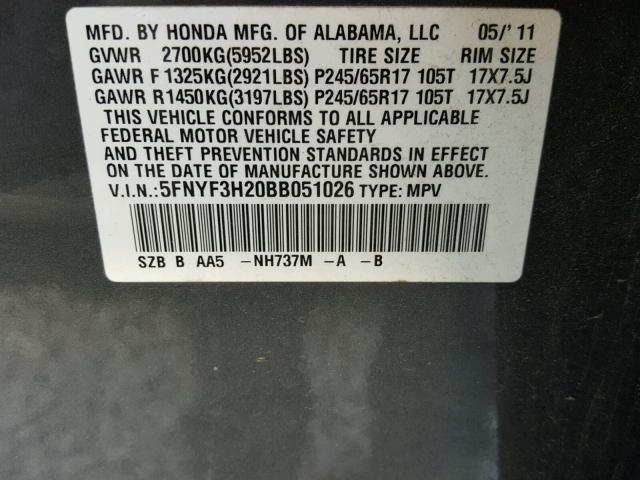 5FNYF3H20BB051026 - 2011 HONDA PILOT LX CHARCOAL photo 10