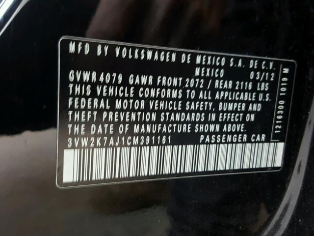 3VW2K7AJ1CM391161 - 2012 VOLKSWAGEN JETTA BASE 黑色 照片 10