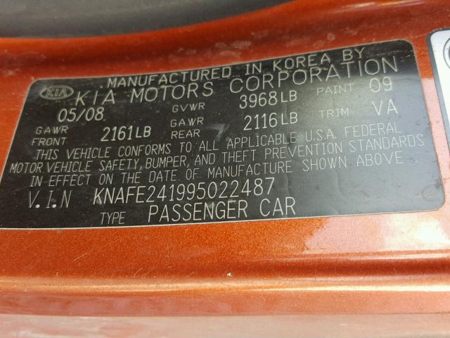 KNAFE241995022486 - 2009 KIA SPECTRA SX ORANGE photo 10