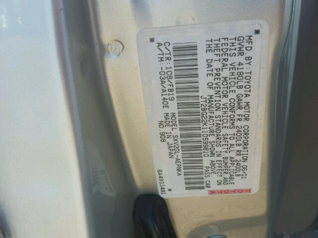 JT2BG22K110599810 - 2001 TOYOTA CAMRY CE SILVER photo 10