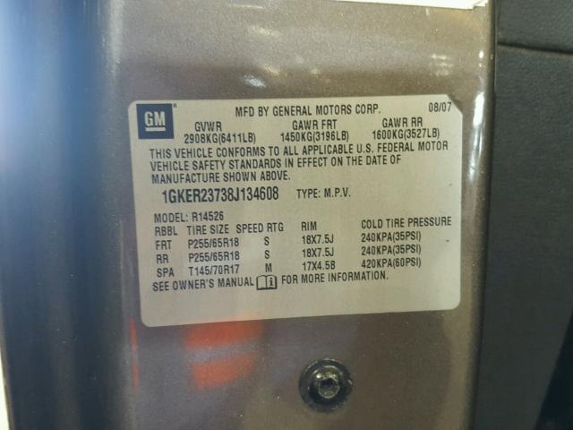 1GKER23738J134608 - 2008 GMC ACADIA SLT თაფლისფერი ფოტო 10