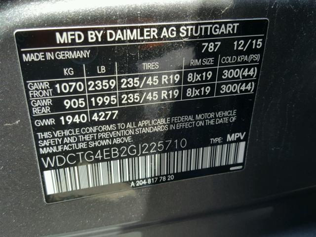 WDCTG4EB2GJ225710 - 2016 MERCEDES-BENZ GLA 250 GRAY photo 10