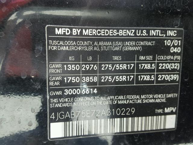 4JGAB75E72A310229 - 2002 MERCEDES-BENZ ML 500 BLACK photo 10