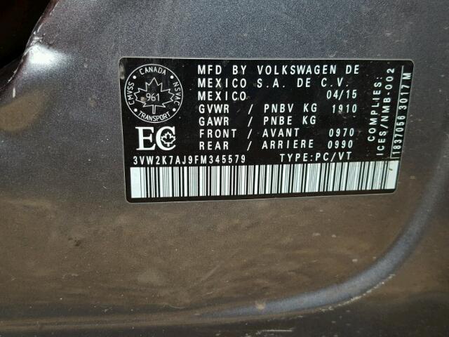 3VW2K7AJ9FM345579 - 2015 VOLKSWAGEN JETTA BASE ნაცრისფერი ფოტო 10
