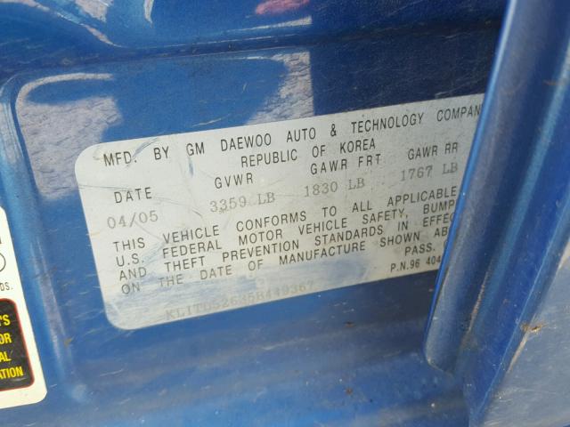 KL1TD52635B449367 - 2005 CHEVROLET AVEO BASE Көк фото 10