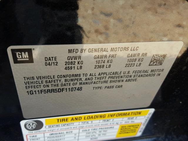 1G11F5RR5DF110748 - 2013 CHEVROLET MALIBU 2LT BLACK photo 10