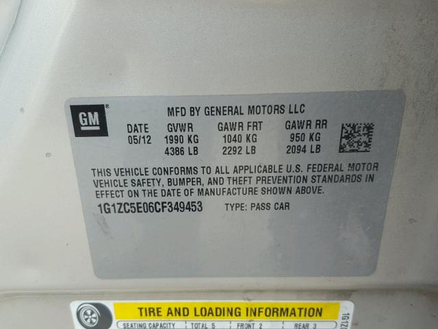 1G1ZC5E06CF349453 - 2012 CHEVROLET MALIBU 1LT ოქროსფერი ფოტო 10