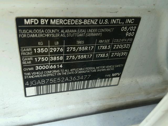 4JGAB75E52A363477 - 2002 MERCEDES-BENZ ML 500 WHITE photo 10