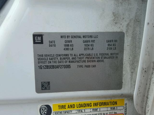 1G1ZB5EB0AF270085 - 2010 CHEVROLET MALIBU LS WHITE photo 10