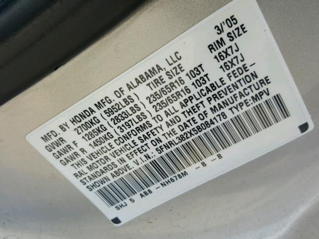 5FNRL382X5B084178 - 2005 HONDA ODYSSEY LX SILVER photo 10