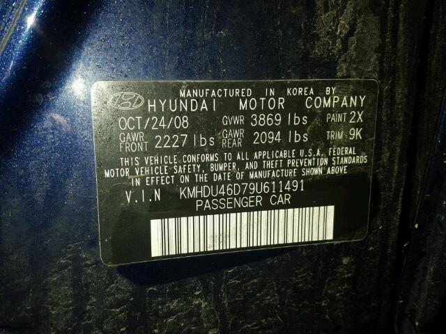 KMHDU46D79U611491 - 2009 HYUNDAI ELANTRA GL BLUE photo 10