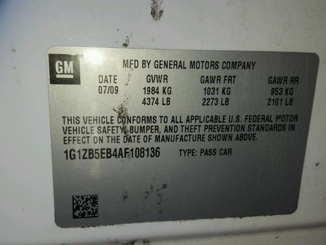 1G1ZB5EB4AF108136 - 2010 CHEVROLET MALIBU LS WHITE photo 10