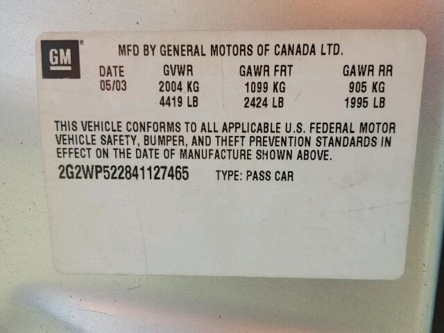 2G2WP522841127465 - 2004 PONTIAC GRAND PRIX SILVER photo 10