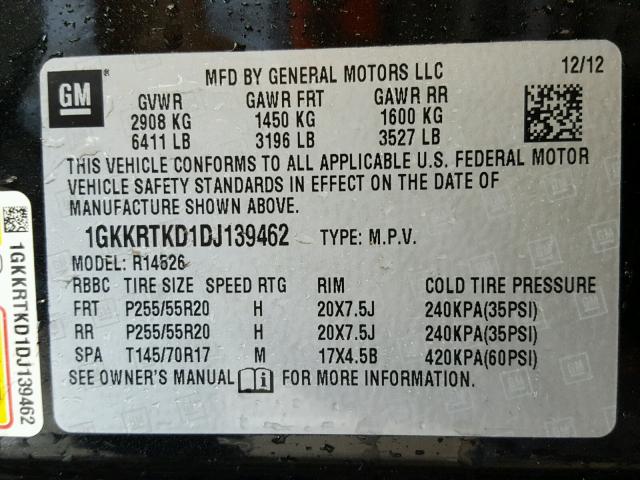 1GKKRTKD1DJ139462 - 2013 GMC ACADIA DEN BLACK photo 10