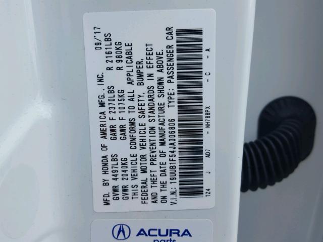 19UUB1F54JA006806 - 2018 ACURA TLX TECH WHITE photo 10