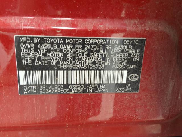 JTHBF5C29A5125728 - 2010 LEXUS IS 250 RED photo 10