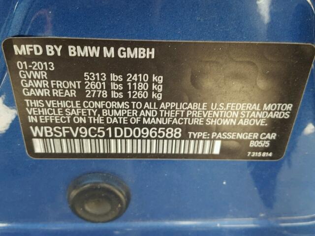 WBSFV9C51DD096588 - 2013 BMW M5 BLUE photo 10