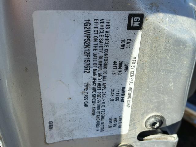 1G2WP52K12F157672 - 2002 PONTIAC GRAND PRIX SILVER photo 10