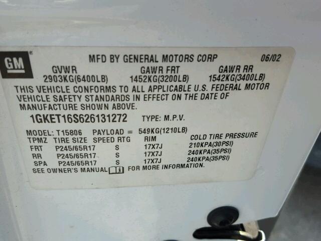 1GKET16S626131272 - 2002 GMC ENVOY WHITE photo 10