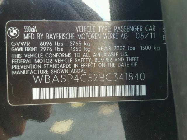 WBASP4C52BC341840 - 2011 BMW 550 XIGT BLACK photo 10