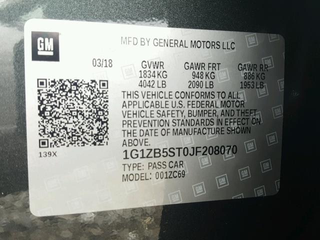 1G1ZB5ST0JF208070 - 2018 CHEVROLET MALIBU LS GRAY photo 10