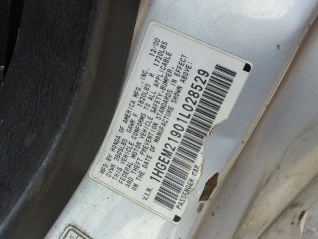 1HGEM21901L028529 - 2001 HONDA CIVIC SI SILVER photo 10