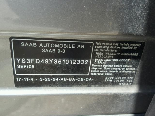 YS3FD49Y361012332 - 2006 SAAB 9-3 BASE SILVER photo 10