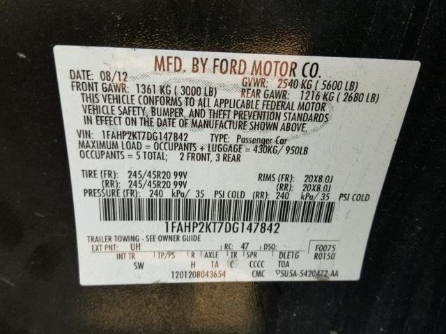 1FAHP2KT7DG147842 - 2013 FORD TAURUS SHO BLACK photo 10