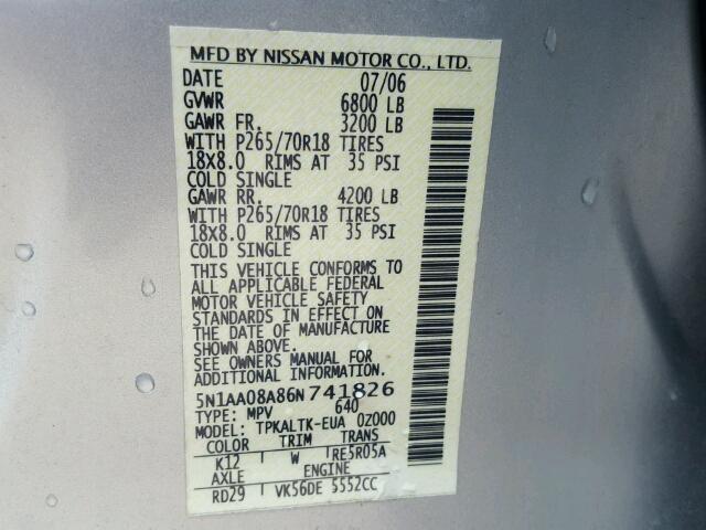 5N1AA08A86N741826 - 2006 NISSAN ARMADA SILVER photo 10