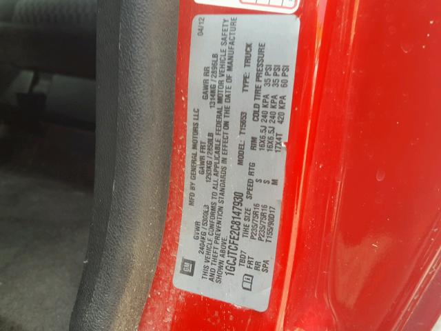 1GCJTCFE2C8147930 - 2012 CHEVROLET COLORADO L RED photo 10
