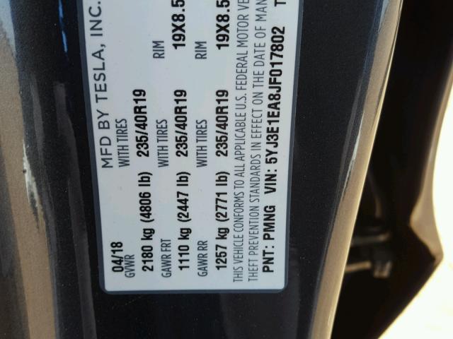 5YJ3E1EA8JF017802 - 2018 TESLA MODEL 3 გრაფიტი ფოტო 10