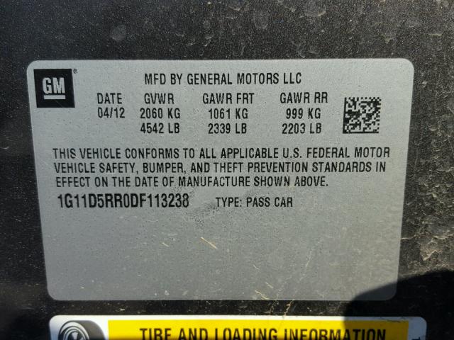 1G11D5RR0DF113238 - 2013 CHEVROLET MALIBU 1LT ნაცრისფერი ფოტო 10