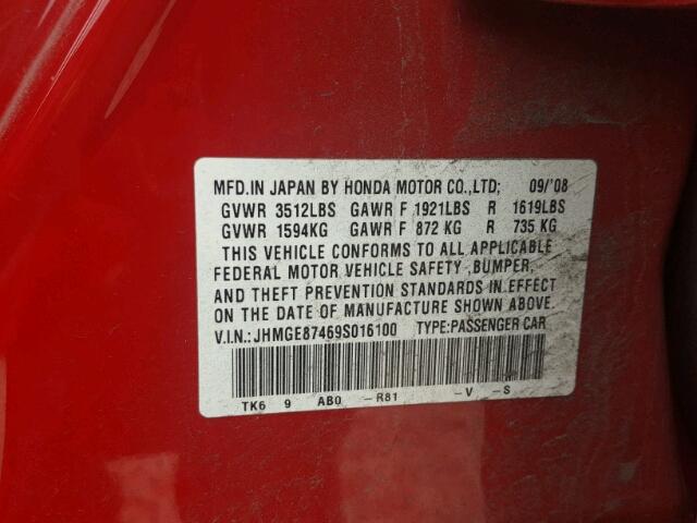 JHMGE87469S016100 - 2009 HONDA FIT RED photo 10