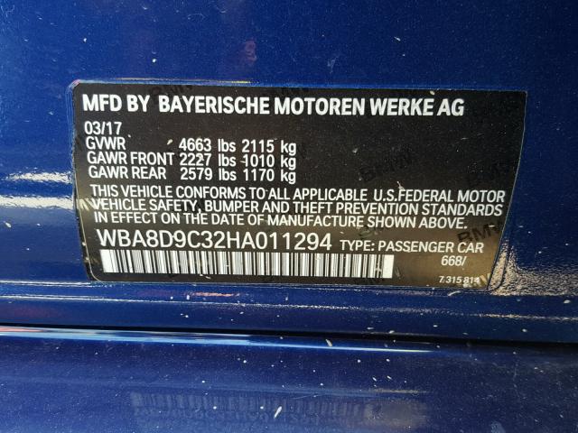 WBA8D9C32HA011294 - 2017 BMW 330 XI BLUE photo 10