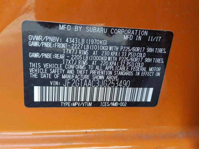 JF2GTAAC3JG253490 - 2018 SUBARU CROSSTREK ORANGE photo 10