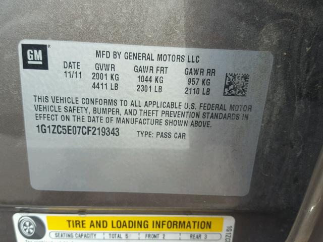 1G1ZC5E07CF219343 - 2012 CHEVROLET MALIBU 1LT ნაცრისფერი ფოტო 10