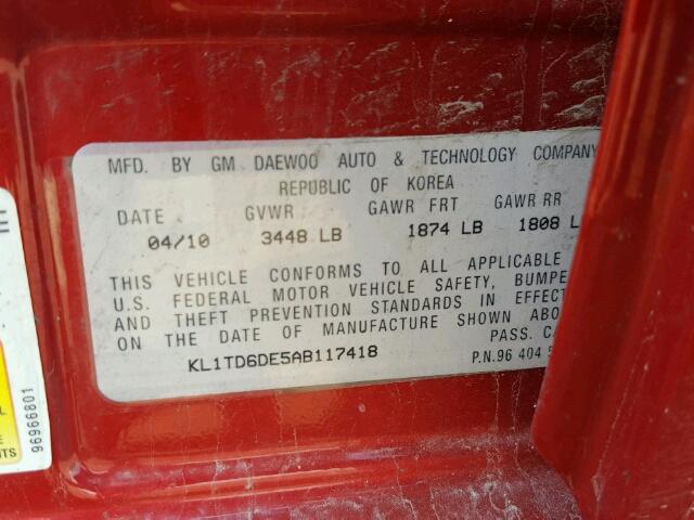 KL1TD6DE5AB117418 - 2010 CHEVROLET AVEO LS RED photo 10