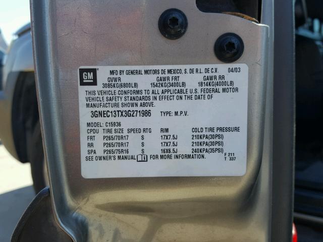 3GNEC13TX3G271986 - 2003 CHEVROLET AVALANCHE TAN photo 10