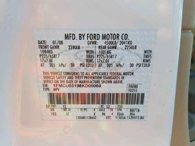 1FMCU03198KD00069 - 2008 FORD ESCAPE XLT WHITE photo 10