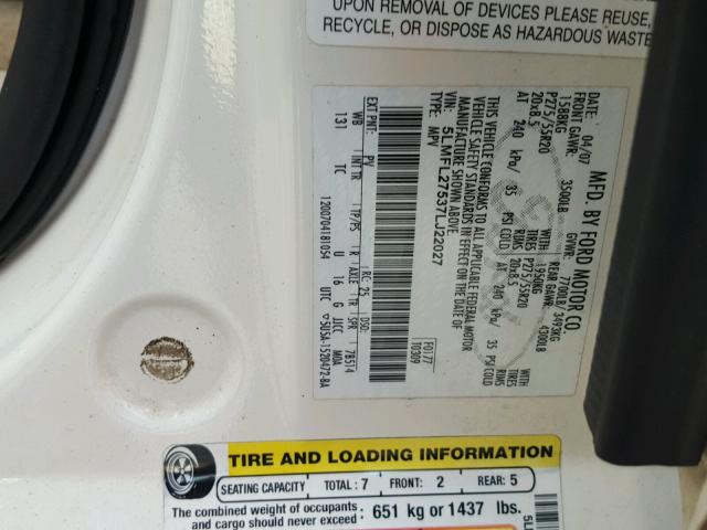 5LMFL27537LJ22027 - 2007 LINCOLN NAVIGATOR 白色 照片 10