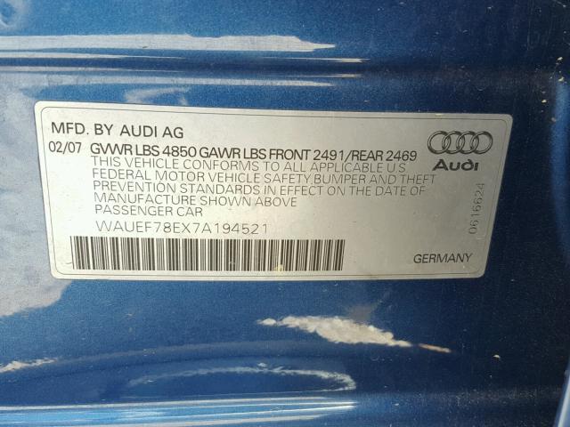 WAUEF78EX7A194521 - 2007 AUDI A4 S-LINE BLUE photo 10